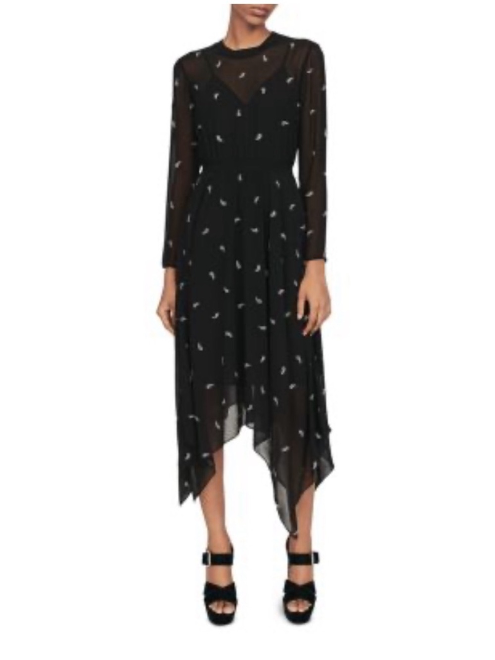 Black Asymmetrical Long-Sleeve Dress with Subtle Print